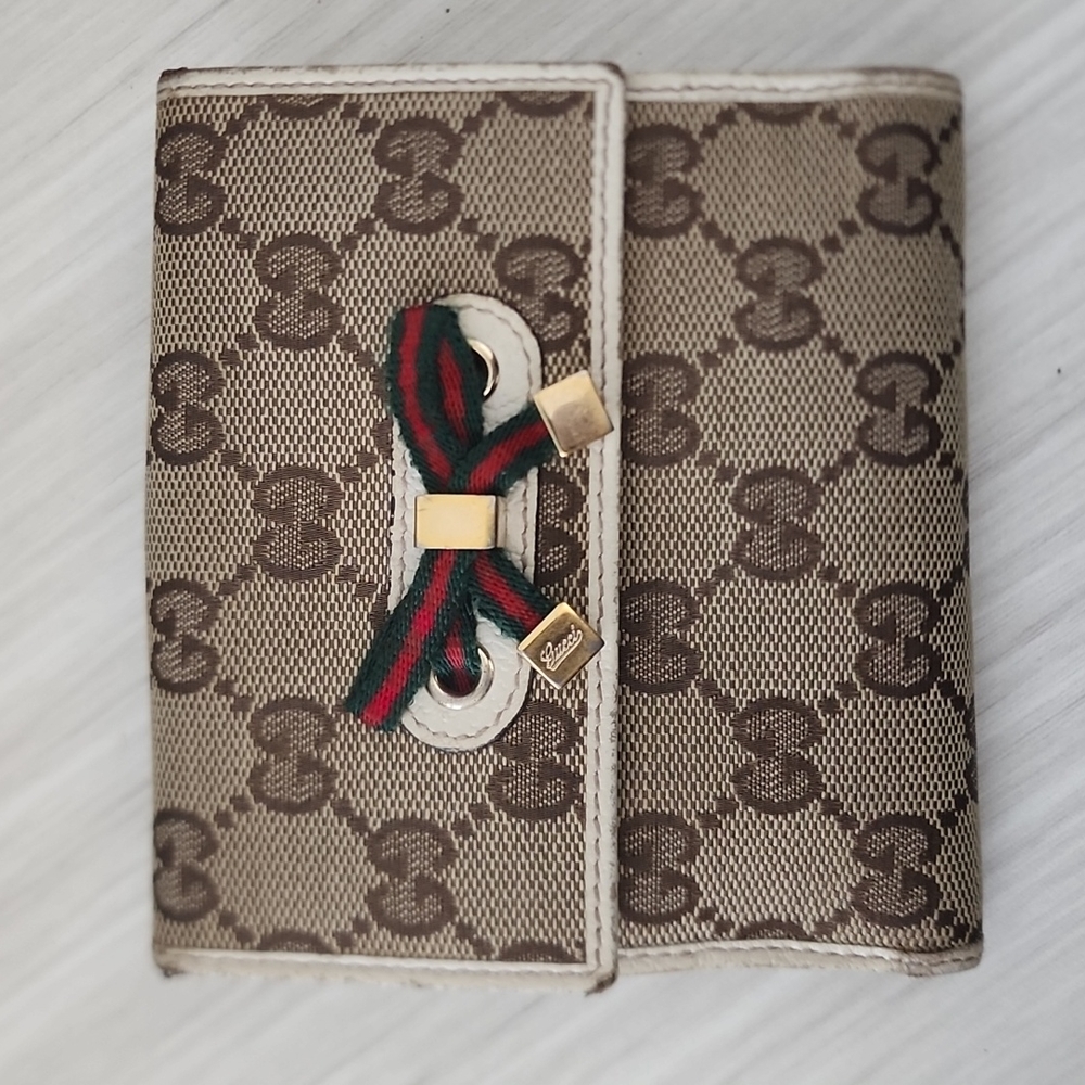 Gucci Beige/Off White GG Canvas And Leather Princy Compact Trifold Wallet